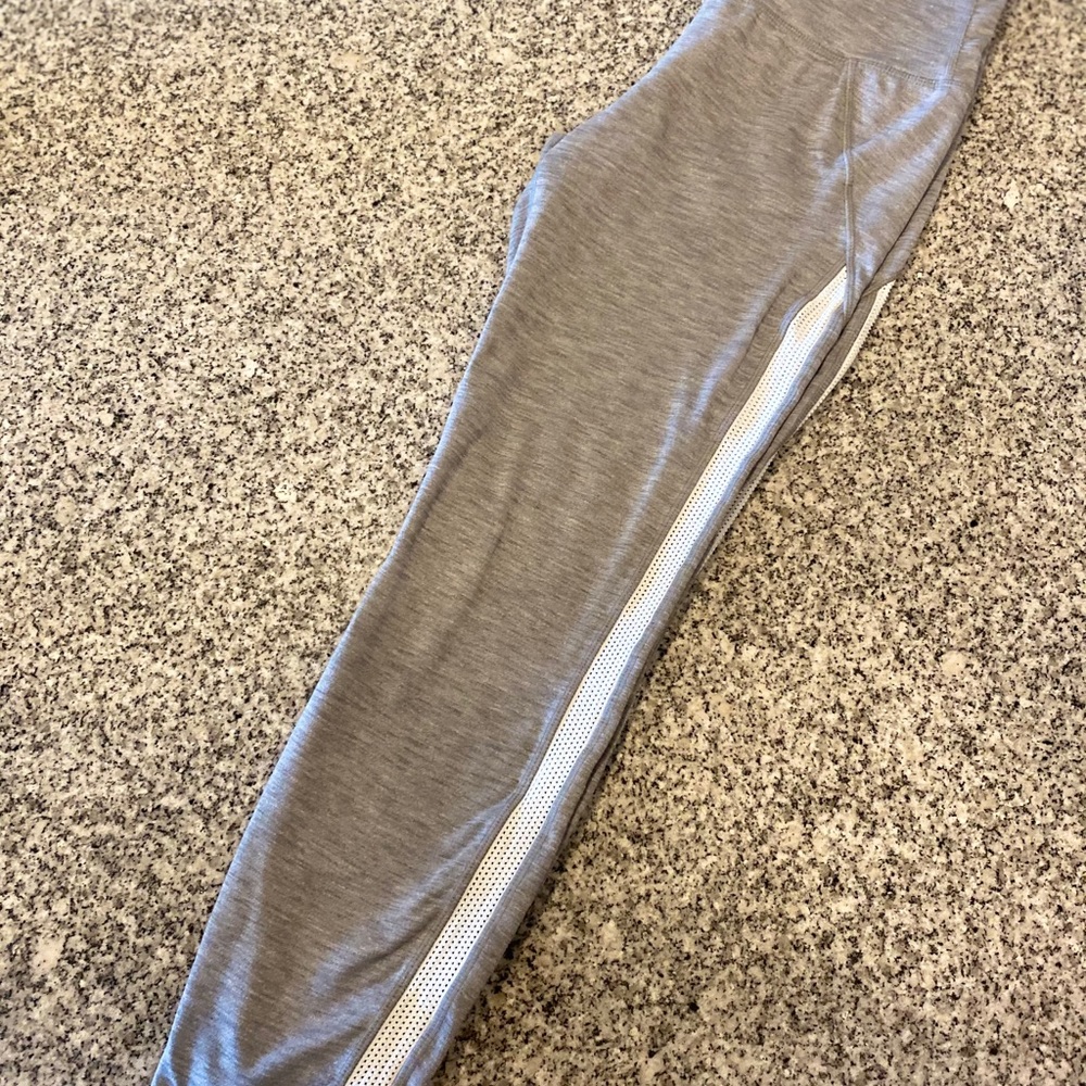 Athleta light grey, white side stripe leggings
